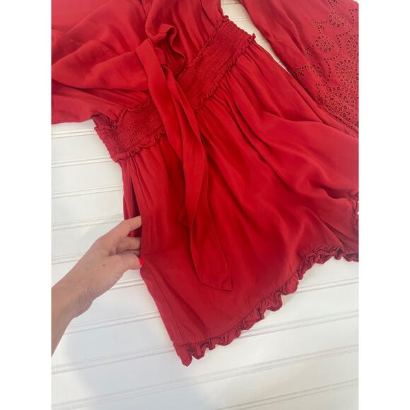 American Eagle Red Romper Tie Front Cut Out Bell Sleeve Smocked Ruffle Size M - Picture 5 of 8